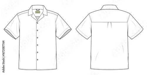 men's American Hawaiian resort shirt mockup. cad flat sketch front and back view cuban collar aloha shirt fashion template.