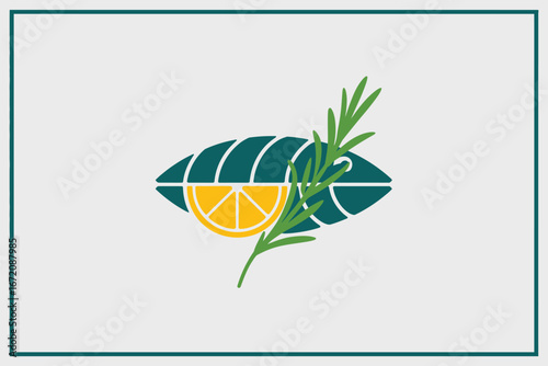 A stylized fish with a lemon slice and rosemary sprig on a light gray background with a teal border