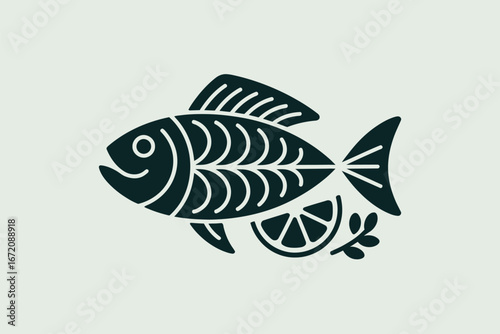 Stylized fish illustration with visible bone structure and a lemon slice on a light background
