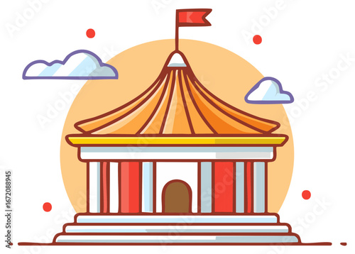 Colorful circus tent vector illustration with red flag, clouds, and orange background