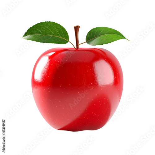 Fresh Red Apple Glossy With Green Leaves Healthy Eating Fruit Raw Vegan Diet Organic Food Nutrition Vitamins Studio Shot 3D Render