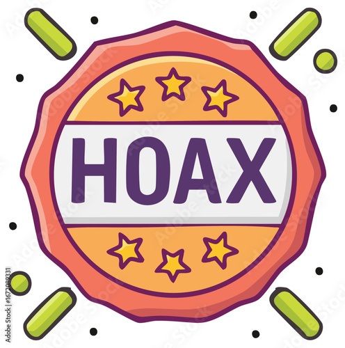 Hoax badge with stars and decorative elements, representing misinformation and deception, design vector
