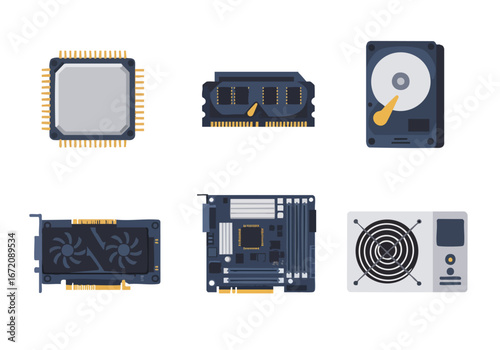 Essential Computer Hardware Components: CPU, RAM, HDD, GPU, Motherboard, and PSU in Flat Design Vector Illustration.