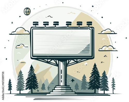 Billboard Among Pine Trees and Mountain Landscape in Minimalist Vector Illustration
