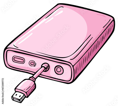Cartoon illustration of a pink portable power bank with a USB charging cable