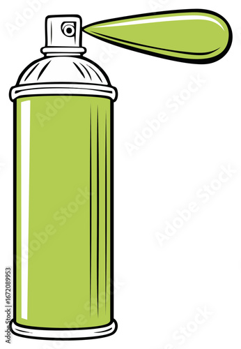 Simple cartoon illustration of a green aerosol can actively spraying paint or liquid