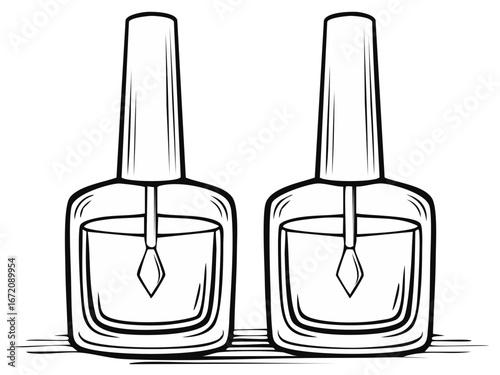 Simple black and white line art illustration of two nail polish bottles for manicure and beauty