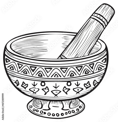 Hand drawn bowl and pestle illustration in a classic sketch style.