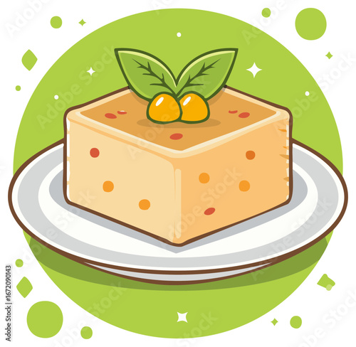 Cute cartoon illustration of a square pudding cake with fresh mint and berry garnish