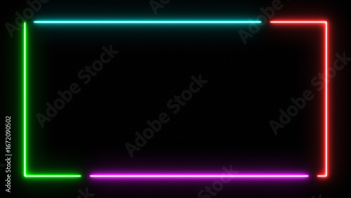 Glowing neon rectangle picture frame isolated on black background