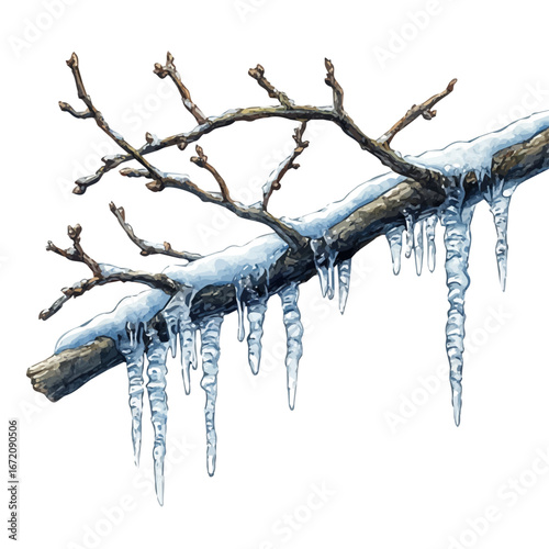 Icicles Hanging Branches, watercolor drawing vector, isolated on a white background.