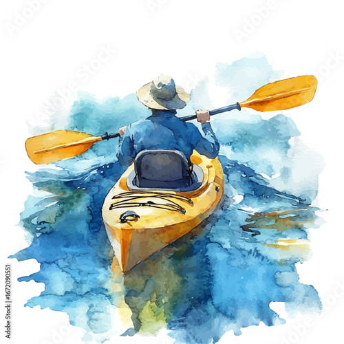 watercolor vector of Kayaking Summer Adventure Lake, isolated on a white background.