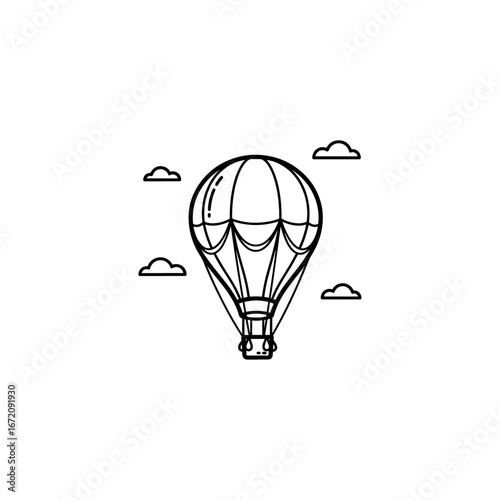 Simple hand-drawn hot air balloon illustration in line art style. Ideal for travel, adventure, and dream-related themes. Perfect for logos, icons, or children's book designs.

