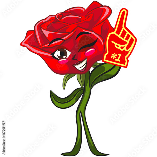 cute red rose flower cartoon mascot character vector illustration raise foam finger, work of hand drawn