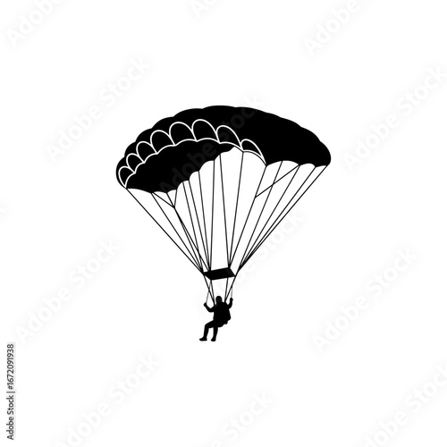 Exciting black and white silhouette of a parachutist descending. Dynamic illustration capturing adventure, freedom, and extreme sports. Perfect for logos, apparel, and motivational designs.

