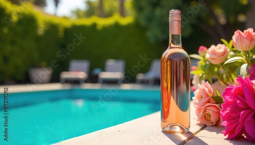 A chilled bottle of ros? wine sits beside a sun-drenched swimming pool, surrounded by lush greenery and vibrant flowers, perfect for a summer afternoon , idyllic, cool
