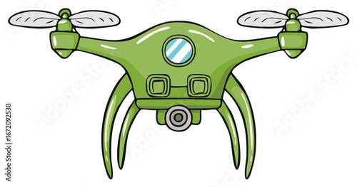 Cartoon green drone illustration with camera and rotors