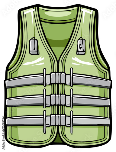 Green Life Vest Illustration with Straps for Water Sports and Safety Equipment