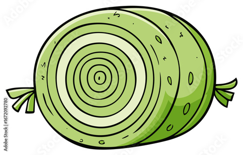 Illustration of a round green candy with a striped pattern inside and tied ends
