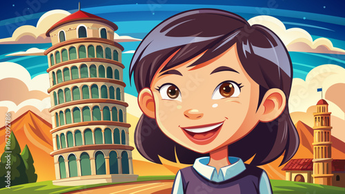  close up portrait Funny Asian girl supporting famous leaning tower in Pisa. Travel concept