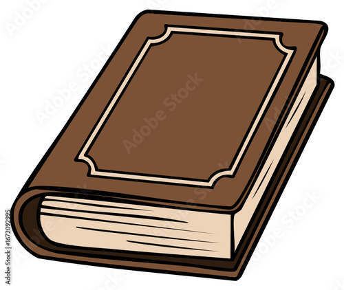 Classic brown book illustration with ornate cover detail symbolizing knowledge and wisdom
