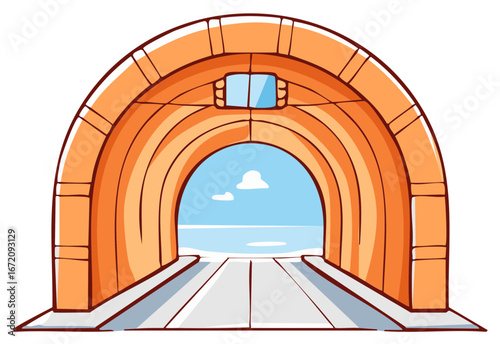 Illustrated archway tunnel with road leading to tranquil blue ocean and sky landscape