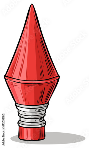 Red cartoon illustration of a traffic pylon or road cone with shadow on white backdrop