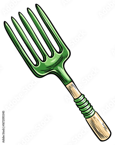 Green garden fork illustration, hand drawn style, isolated on white background, gardening tools