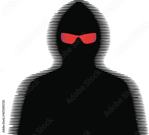 Mysterious Figure with Red Shades: A black figure with red shades with a digital art style, depicting the dark silhouette of mystery and intrigue, suggesting a sense of anonymity and possibly danger.