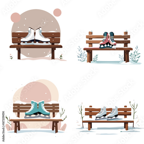 Ice skates displayed on wooden benches in a winter setting  