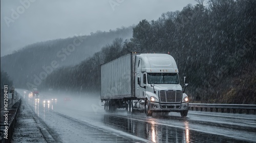 White semi-truck driving highway heavy rain storm