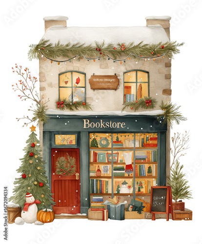 Cozy Winter Bookstore With Snow And Holiday Decorations: Festive Bookshop Exterior With Warm Lights, Christmas Trees, And Seasonal Decor