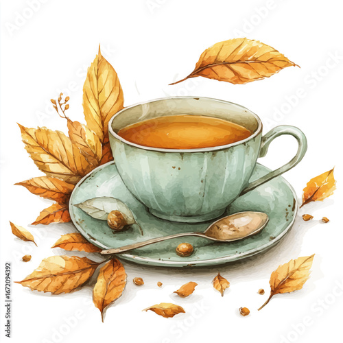 Hot Tea Autumn Cup, watercolor drawing vector, isolated on a white background.