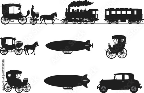 Vintage transportation silhouettes including horse carriage, steam locomotive train, zeppelin airship, old-fashioned coach, classic car, historical vehicles, retro travel, antique transport collection