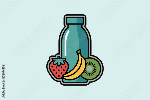A cartoon image showing a blue bottle with a strawberry banana and kiwi in front of the bottle art