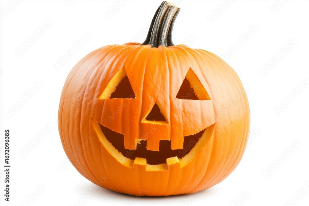 Fototapeta premium Classic carved Halloween pumpkin jack-o-lantern on white background.