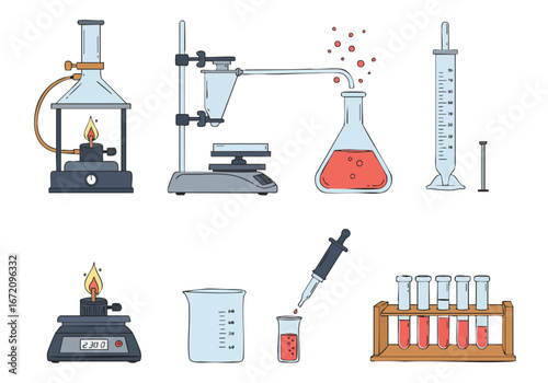 Hand-drawn illustration of chemistry laboratory equipment, including glassware, Bunsen burners, scales, and test tubes for scientific experiments and research.