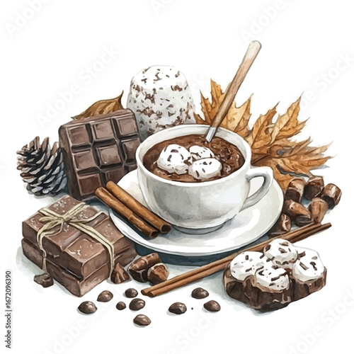 Hot Chocolate Autumn Warmth, watercolor drawing vector, isolated on a white background.