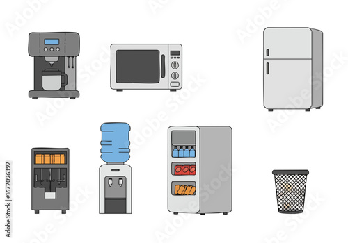 Set of office breakroom appliances and essentials: coffee machine, microwave, refrigerator, beverage and water dispensers, vending machine, and waste bin icons.