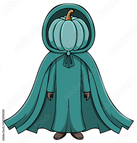 Cartoon character with pumpkin head in teal cloak