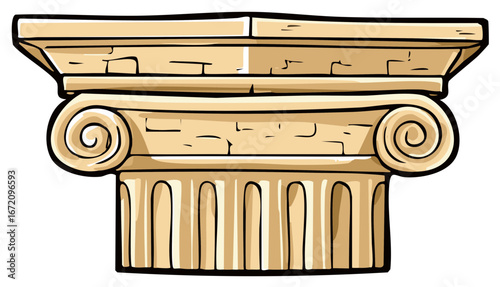 Ancient architecture element illustration featuring a detailed Ionic column top with ornate scrolls and fluting