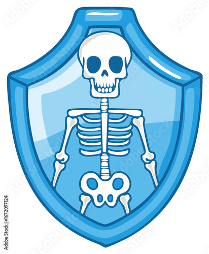 Skeleton inside a shield symbol, representing healthcare, protection, and medical concepts.