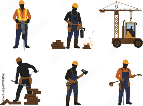 Construction workers performing various tasks with tools, safety gear, crane in background, industrial labor, building site activities illustration