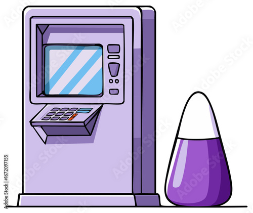 Illustrated automated teller machine with a digital screen and a candy corn treat.