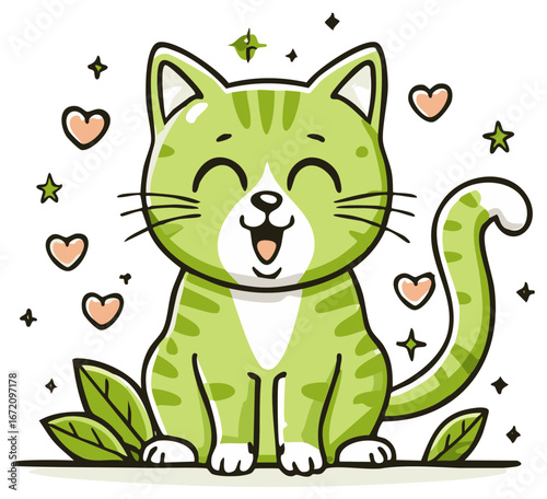 Adorable green striped cartoon cat smiling with closed eyes surrounded by whimsical hearts and stars