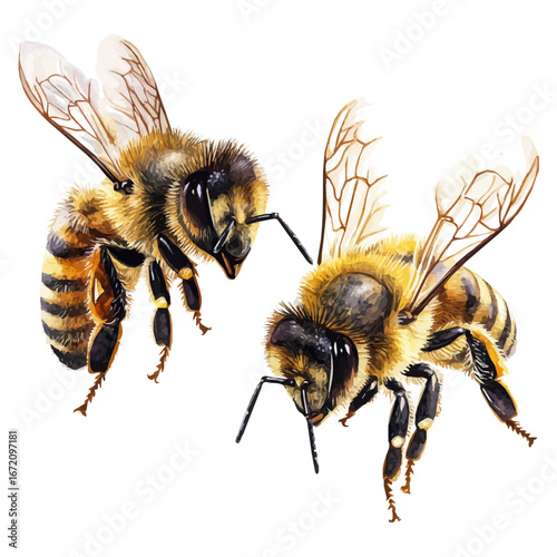 Honey Bees, watercolor vector, isolated on a white background.