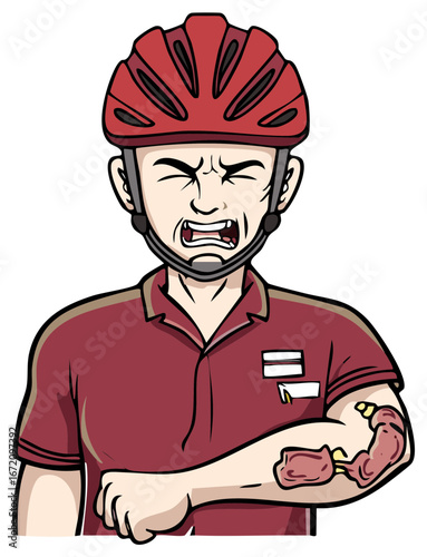 Cyclist with injury after accident. Injured arm with open wounds and distressed facial expression.