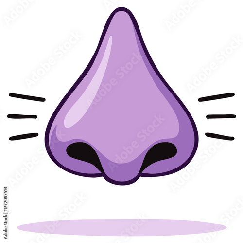 Cartoon purple nose sniffing and detecting smells with lines indicating air flow