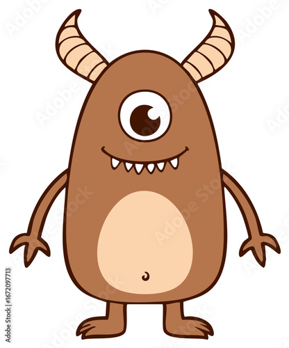 Cartoon Illustration of Friendly One-Eyed Monster with Horns, Arms and Legs, Brown and Beige Color Palette