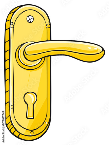 Shiny Golden Door Handle and Keyhole Plate Cartoon Style Illustration